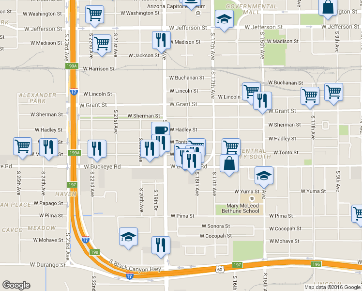 map of restaurants, bars, coffee shops, grocery stores, and more near 1016 South 18th Avenue in Phoenix
