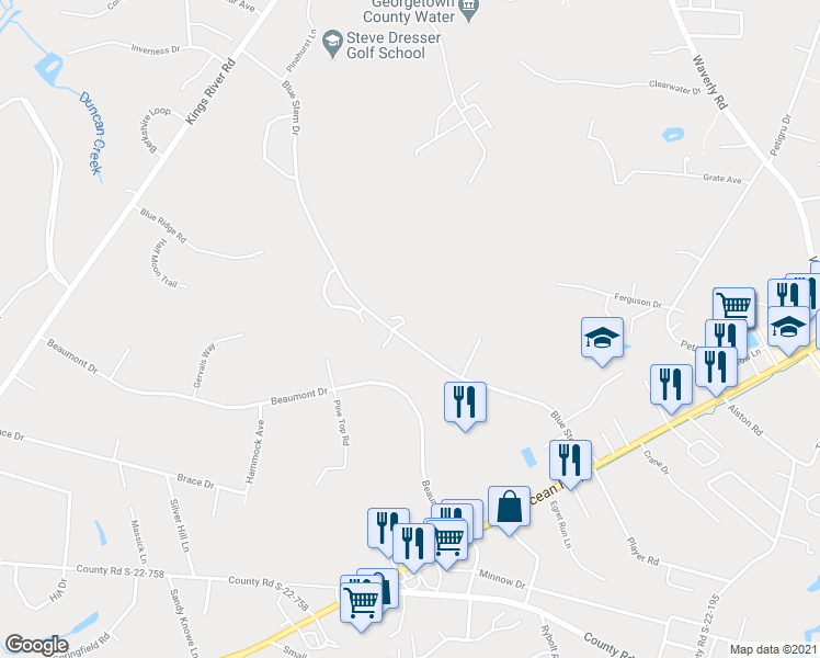 map of restaurants, bars, coffee shops, grocery stores, and more near 549 Blue Stem Drive in Pawleys Island