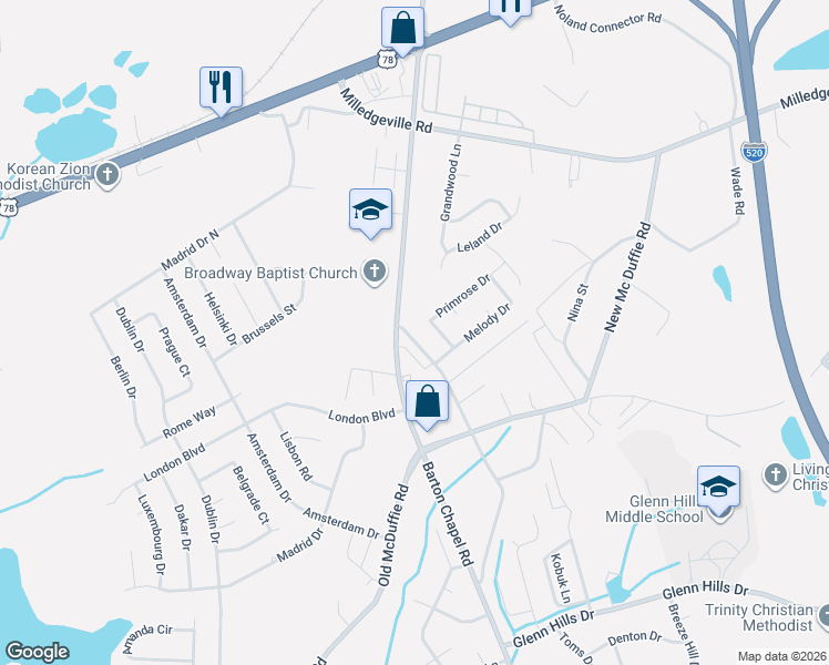 map of restaurants, bars, coffee shops, grocery stores, and more near 2364 Barton Chapel Road in Augusta