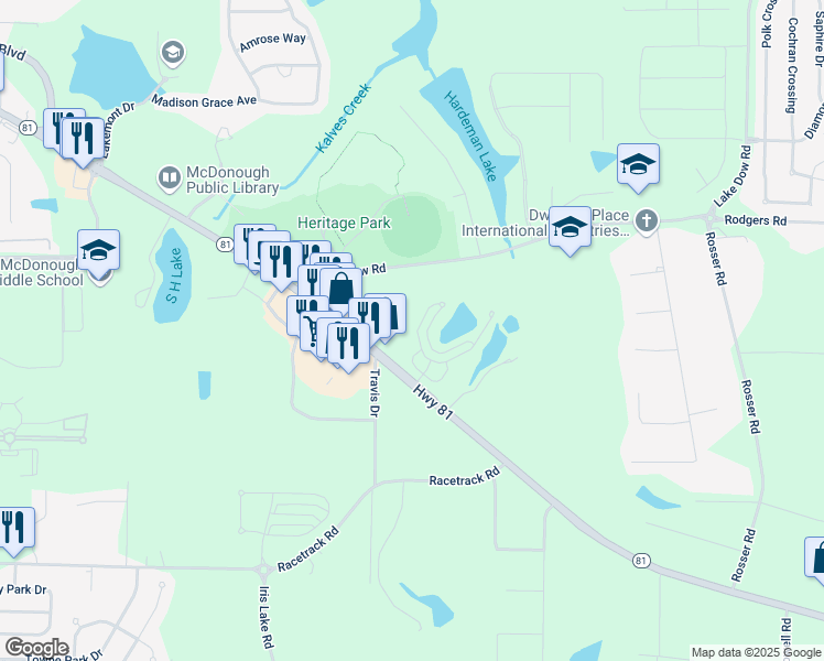 map of restaurants, bars, coffee shops, grocery stores, and more near 332 Meeting Street in McDonough