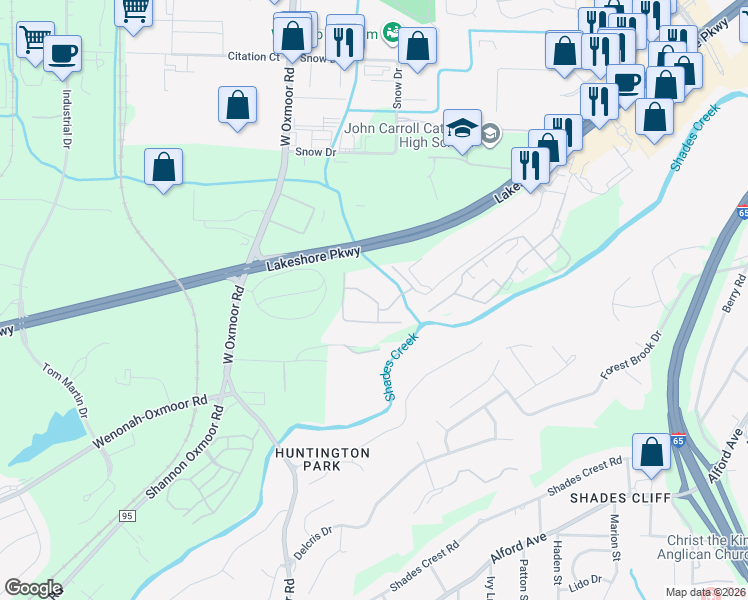 map of restaurants, bars, coffee shops, grocery stores, and more near 901 Oaks Drive in Birmingham