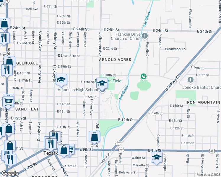 map of restaurants, bars, coffee shops, grocery stores, and more near 1500 Jefferson Avenue in Texarkana