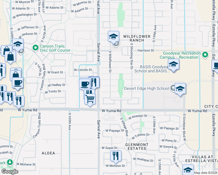 map of restaurants, bars, coffee shops, grocery stores, and more near 16246 West Tonto Street in Goodyear