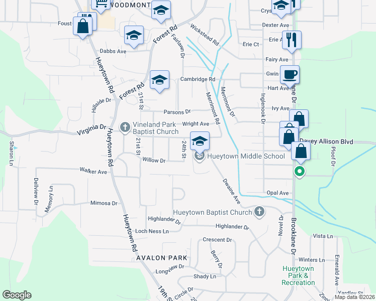 map of restaurants, bars, coffee shops, grocery stores, and more near 163 24th Street in Hueytown