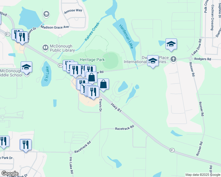 map of restaurants, bars, coffee shops, grocery stores, and more near 332 Meeting Street in McDonough