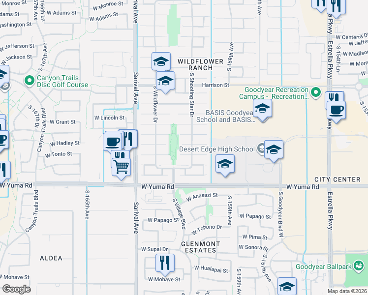 map of restaurants, bars, coffee shops, grocery stores, and more near 16132 West Tonto Street in Goodyear
