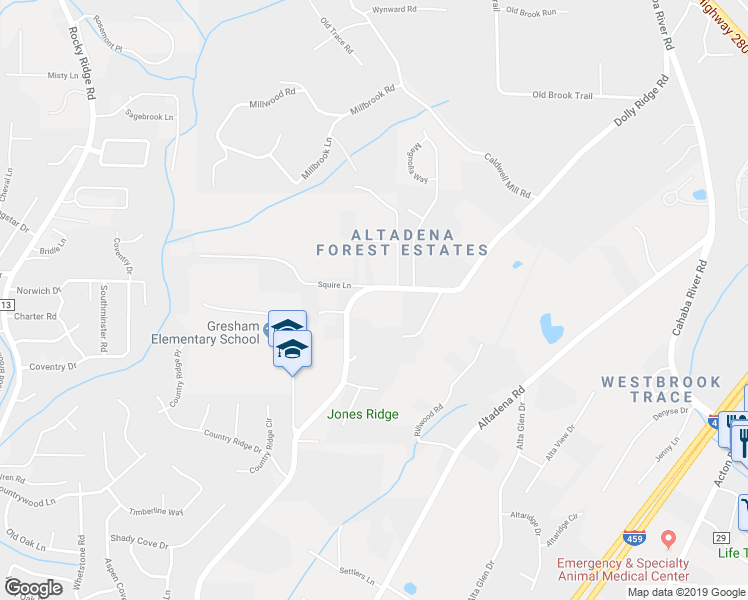 map of restaurants, bars, coffee shops, grocery stores, and more near 2679 Dolly Ridge Road in Vestavia Hills