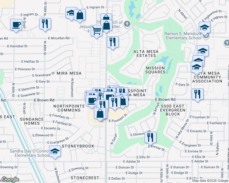 map of restaurants, bars, coffee shops, grocery stores, and more near 5230 East Brown Road in Mesa