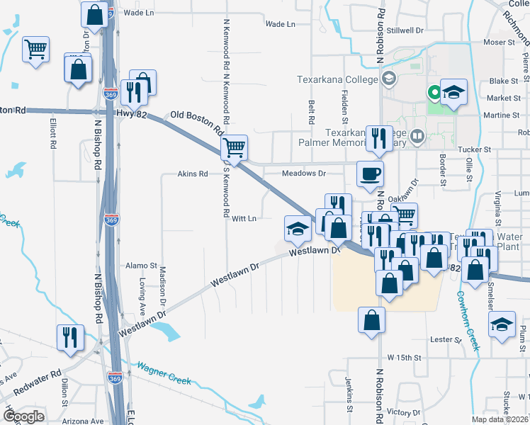 map of restaurants, bars, coffee shops, grocery stores, and more near 309 Breckenridge Street in Texarkana