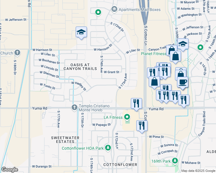 map of restaurants, bars, coffee shops, grocery stores, and more near 17369 West Hadley Street in Goodyear