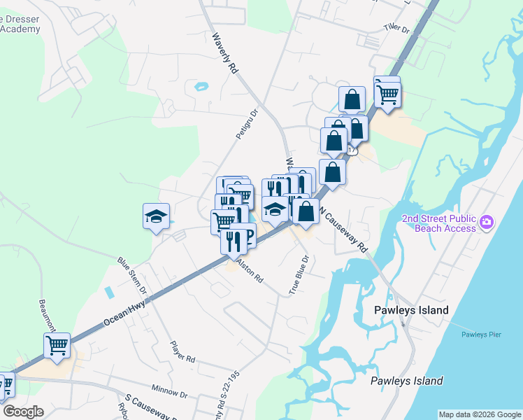 map of restaurants, bars, coffee shops, grocery stores, and more near 10317 Ocean Highway in Pawleys Island