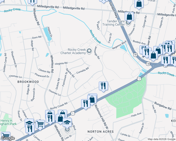 map of restaurants, bars, coffee shops, grocery stores, and more near 2613 Thomas Lane in Augusta