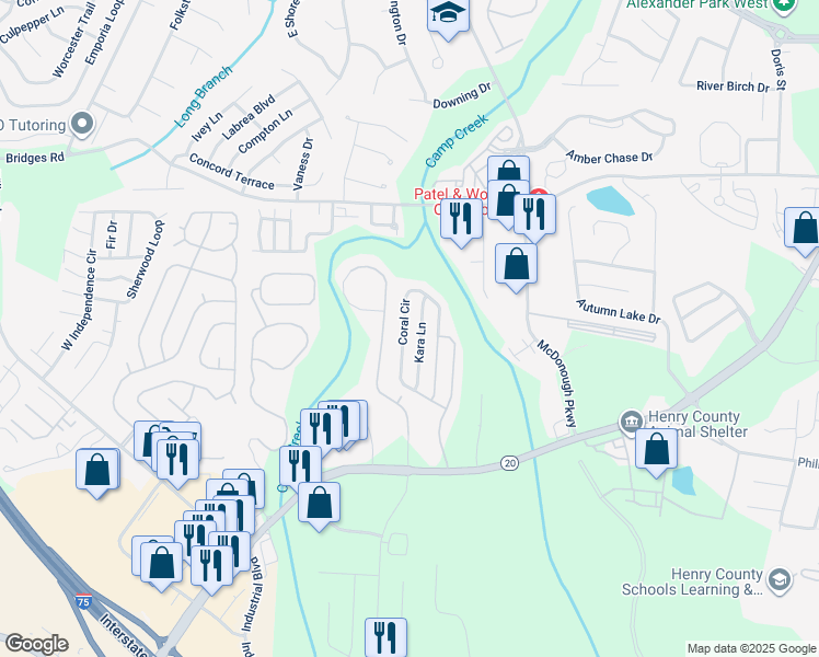 map of restaurants, bars, coffee shops, grocery stores, and more near 266 Coral Circle in McDonough