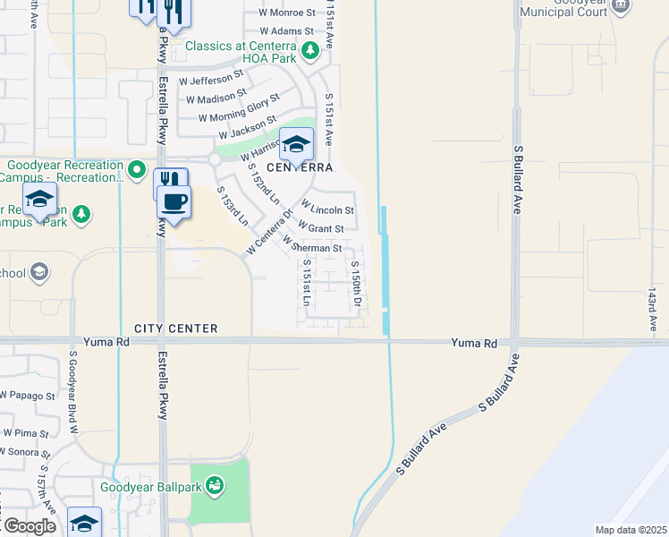 map of restaurants, bars, coffee shops, grocery stores, and more near 15130 West Hadley Street in Goodyear