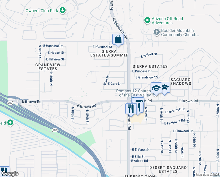 map of restaurants, bars, coffee shops, grocery stores, and more near 9030 East Glencove Avenue in Mesa