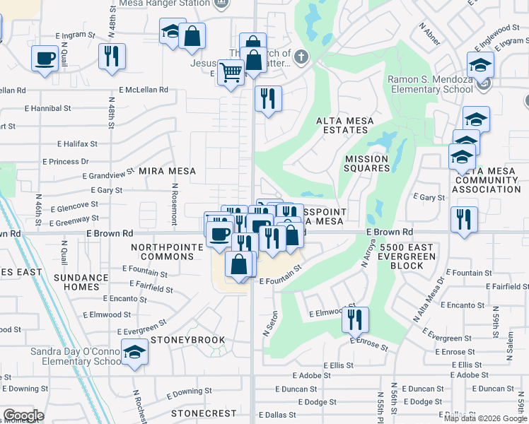 map of restaurants, bars, coffee shops, grocery stores, and more near in Mesa