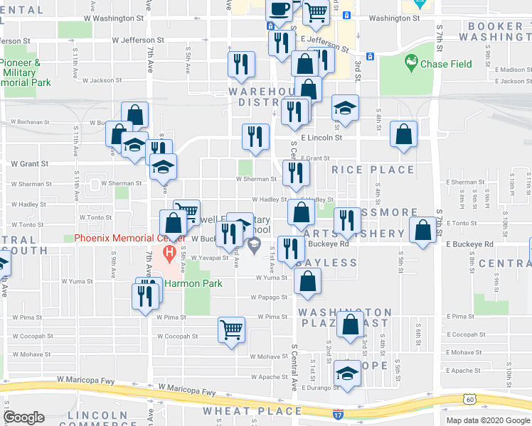 map of restaurants, bars, coffee shops, grocery stores, and more near 129 West Tonto Street in Phoenix