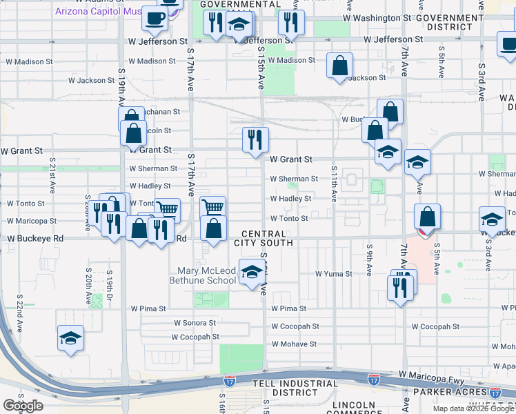 map of restaurants, bars, coffee shops, grocery stores, and more near 1516 West Maricopa Street in Phoenix