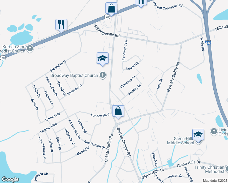 map of restaurants, bars, coffee shops, grocery stores, and more near 2364 Barton Chapel Road in Augusta