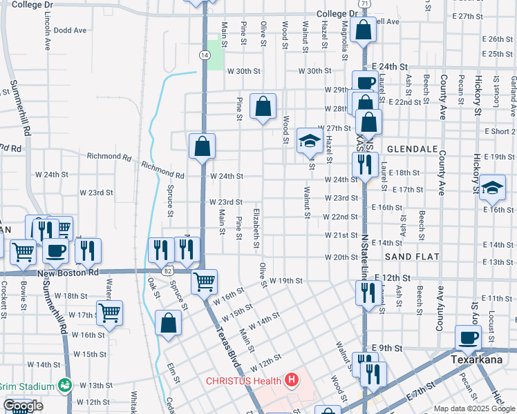 map of restaurants, bars, coffee shops, grocery stores, and more near 2107 Elizabeth Street in Texarkana