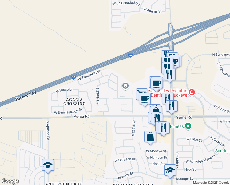 map of restaurants, bars, coffee shops, grocery stores, and more near 23866 West Hadley Street in Buckeye