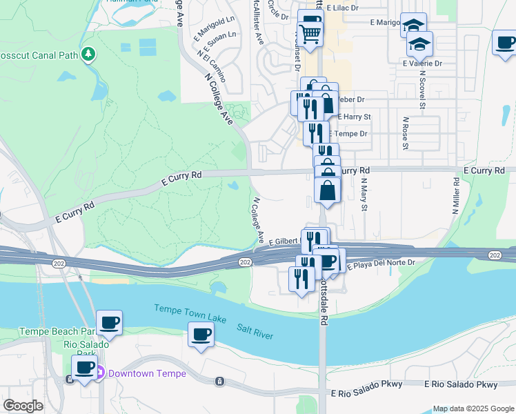 map of restaurants, bars, coffee shops, grocery stores, and more near 819 North College Avenue in Tempe