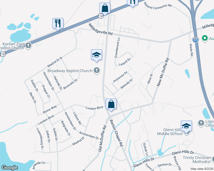 map of restaurants, bars, coffee shops, grocery stores, and more near 2364 Barton Chapel Road in Augusta