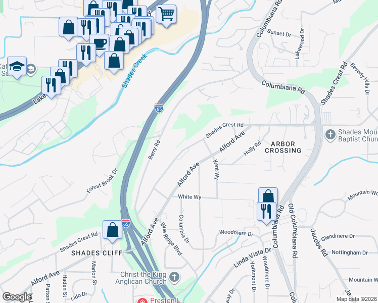 map of restaurants, bars, coffee shops, grocery stores, and more near 1460 Alford Avenue in Birmingham