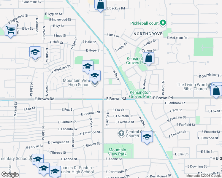 map of restaurants, bars, coffee shops, grocery stores, and more near 2848 East Brown Road in Mesa