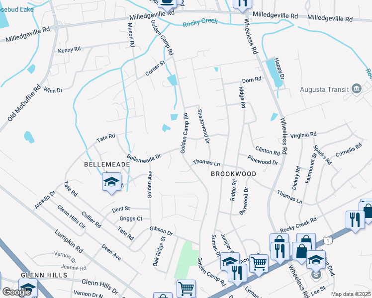 map of restaurants, bars, coffee shops, grocery stores, and more near 2350 Golden Camp Road in Augusta