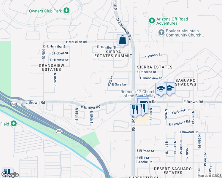 map of restaurants, bars, coffee shops, grocery stores, and more near 9030 East Glencove Avenue in Mesa