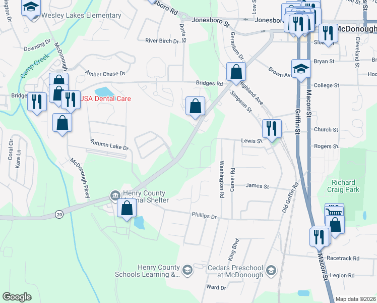 map of restaurants, bars, coffee shops, grocery stores, and more near 329 Georgia 20 in McDonough