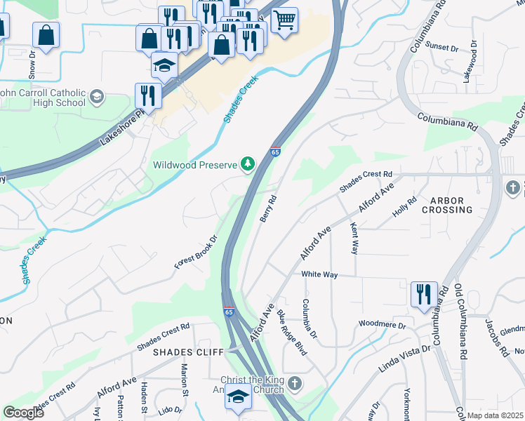 map of restaurants, bars, coffee shops, grocery stores, and more near 1448 Berry Road in Birmingham