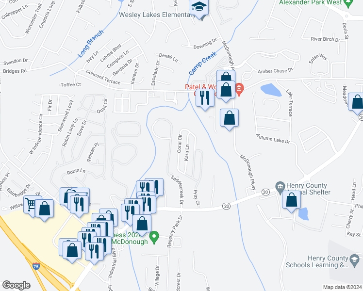 map of restaurants, bars, coffee shops, grocery stores, and more near 268 Coral Circle in McDonough