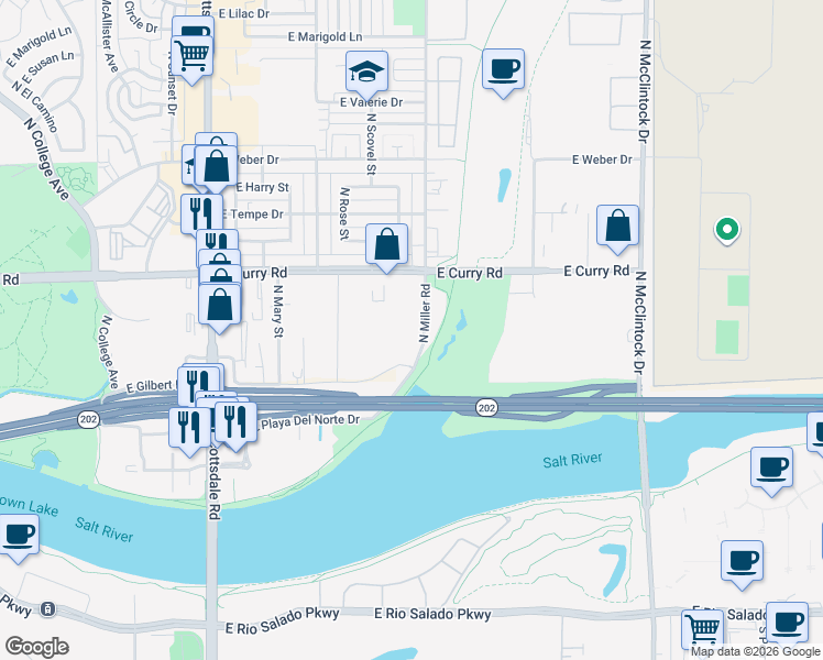 map of restaurants, bars, coffee shops, grocery stores, and more near 825 North Miller Road in Tempe