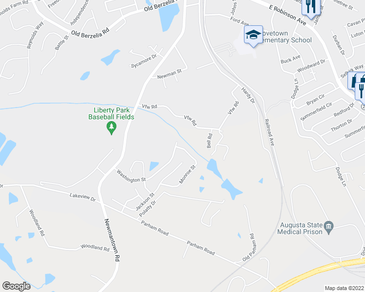 map of restaurants, bars, coffee shops, grocery stores, and more near 696 Monroe Street in Grovetown