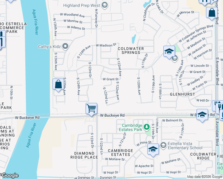 map of restaurants, bars, coffee shops, grocery stores, and more near 12215 West Hadley Street in Avondale