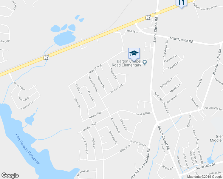 map of restaurants, bars, coffee shops, grocery stores, and more near 2317 Canberra Court in Augusta