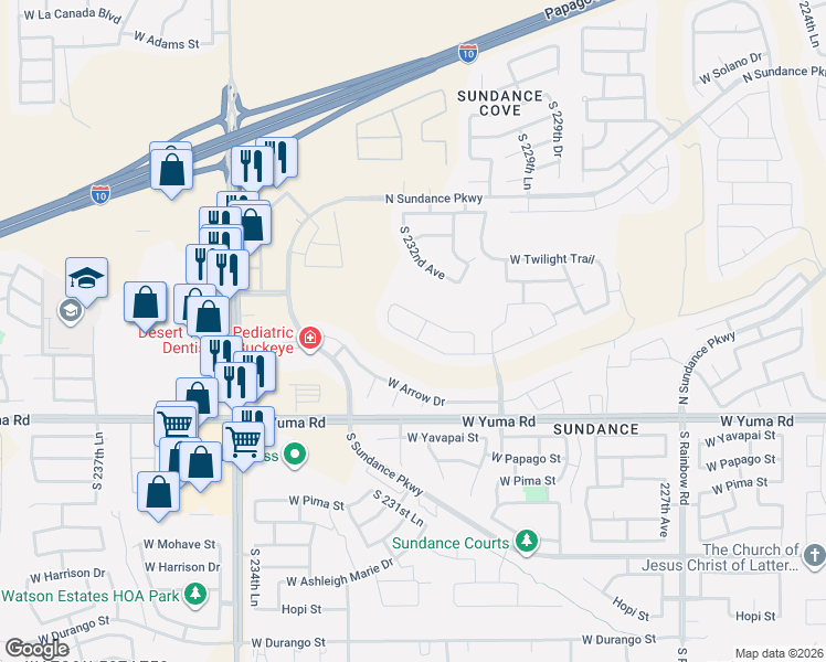 map of restaurants, bars, coffee shops, grocery stores, and more near 23188 West Lasso Lane in Buckeye