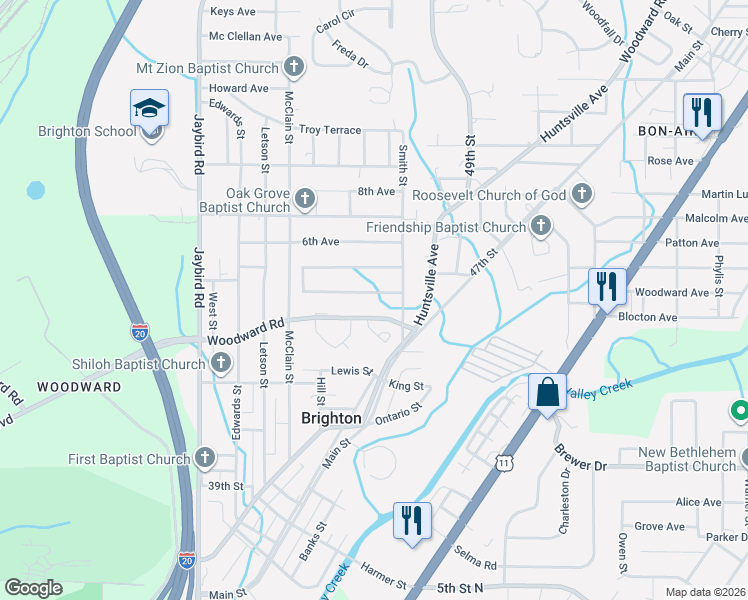 map of restaurants, bars, coffee shops, grocery stores, and more near 4147 Woodward Road in Brighton