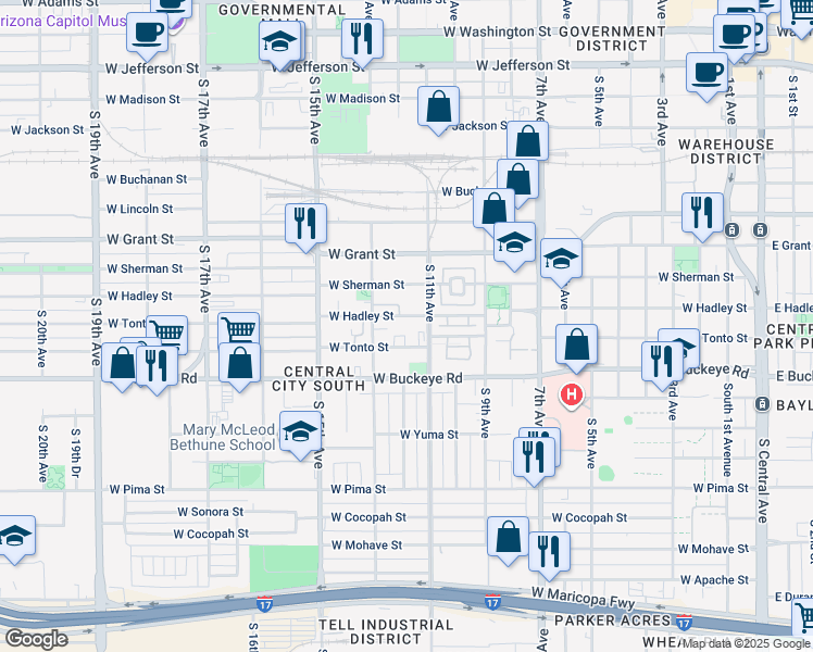 map of restaurants, bars, coffee shops, grocery stores, and more near 1112 West Tonto Street in Phoenix