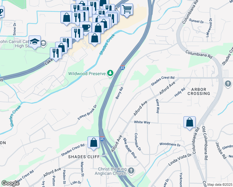 map of restaurants, bars, coffee shops, grocery stores, and more near 1448 Berry Road in Birmingham