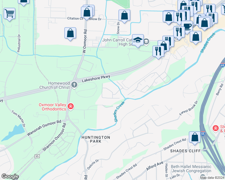 map of restaurants, bars, coffee shops, grocery stores, and more near 901 Oaks Drive in Birmingham