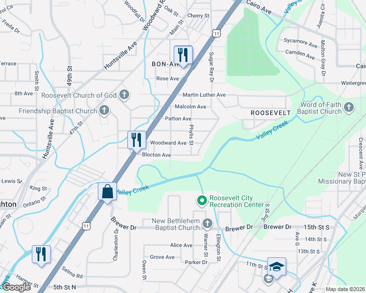 map of restaurants, bars, coffee shops, grocery stores, and more near 6008 Blocton Avenue in Birmingham