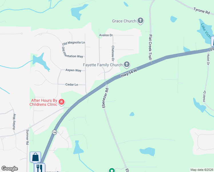 map of restaurants, bars, coffee shops, grocery stores, and more near 1746 Georgia 54 in Fayetteville