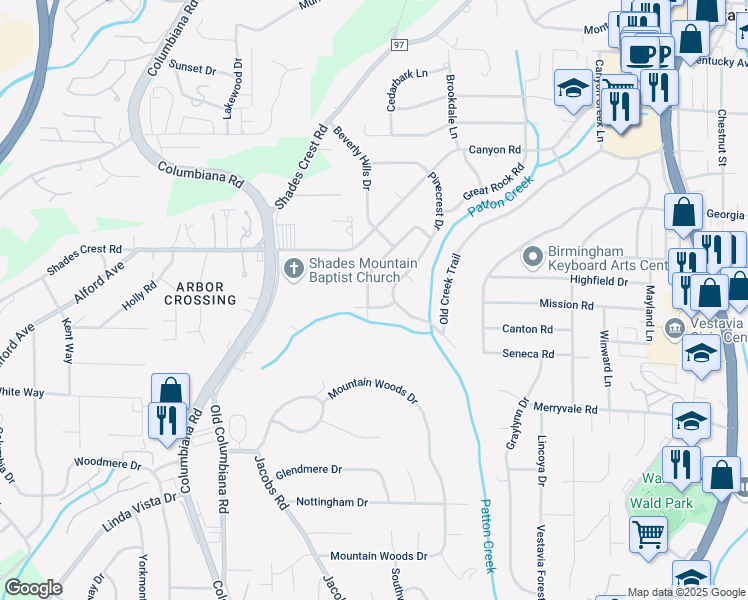 map of restaurants, bars, coffee shops, grocery stores, and more near 1733 Shades View Lane in Vestavia Hills