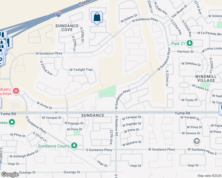 map of restaurants, bars, coffee shops, grocery stores, and more near 900 South Sundance Parkway in Buckeye