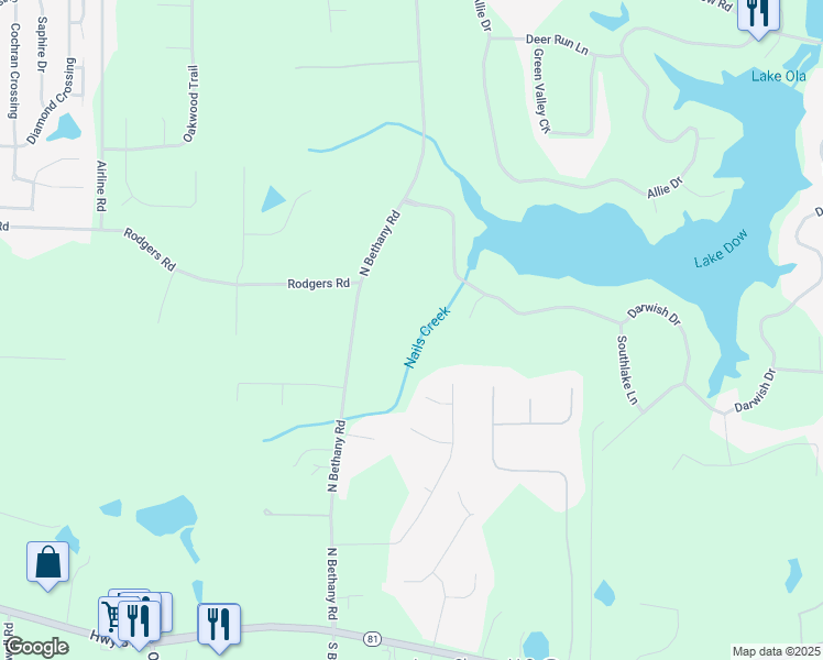 map of restaurants, bars, coffee shops, grocery stores, and more near 300 North Bethany Road in McDonough