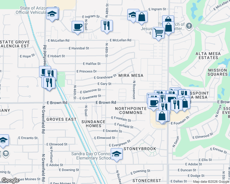 map of restaurants, bars, coffee shops, grocery stores, and more near 4835 East Glencove Circle in Mesa