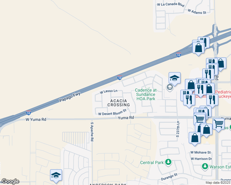 map of restaurants, bars, coffee shops, grocery stores, and more near 24134 West Hadley Street in Buckeye